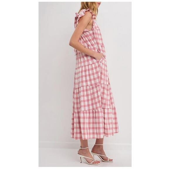 ENGLISH FACTORY Tiered Maxi Dress Cottage Baby Doll Gingham Pink Large Prairie - Picture 2 of 16